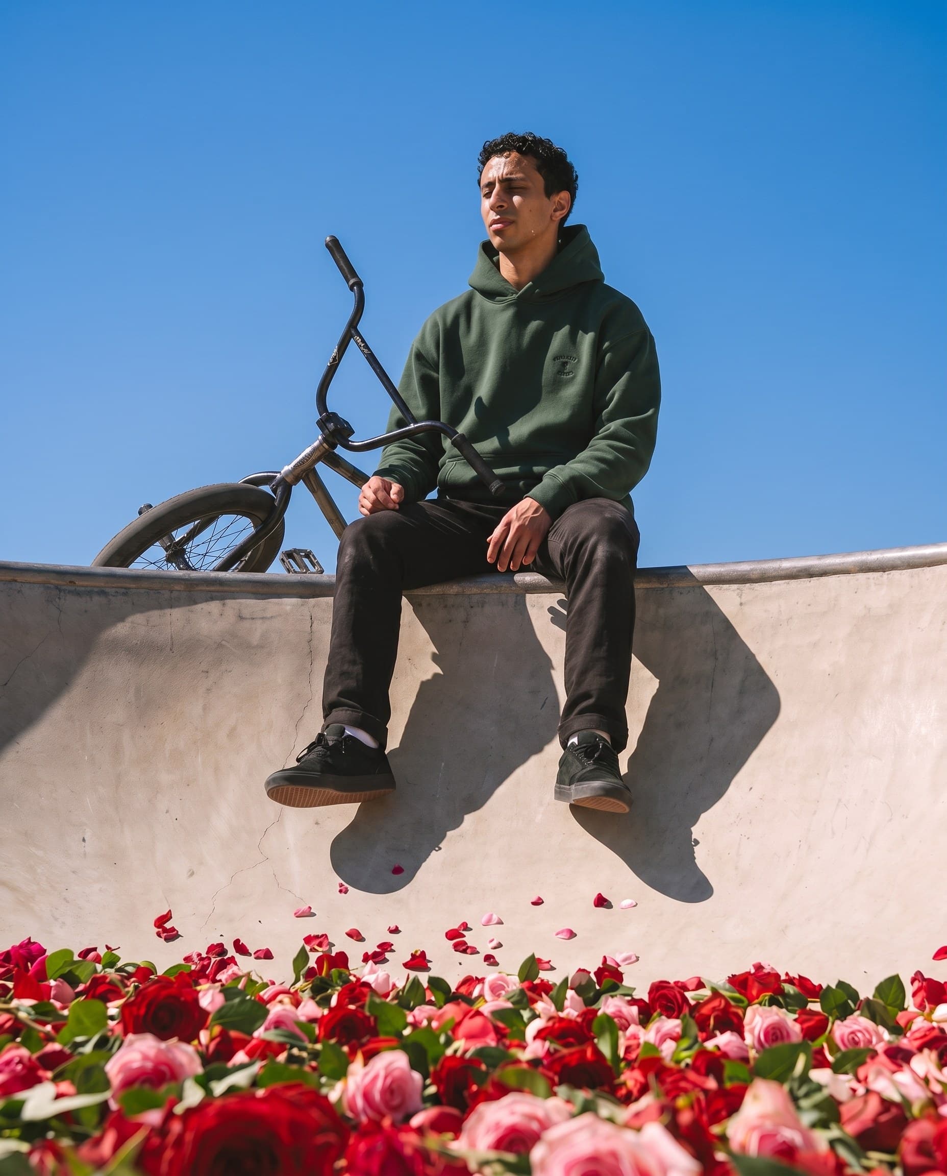The rider on the coping above the roses