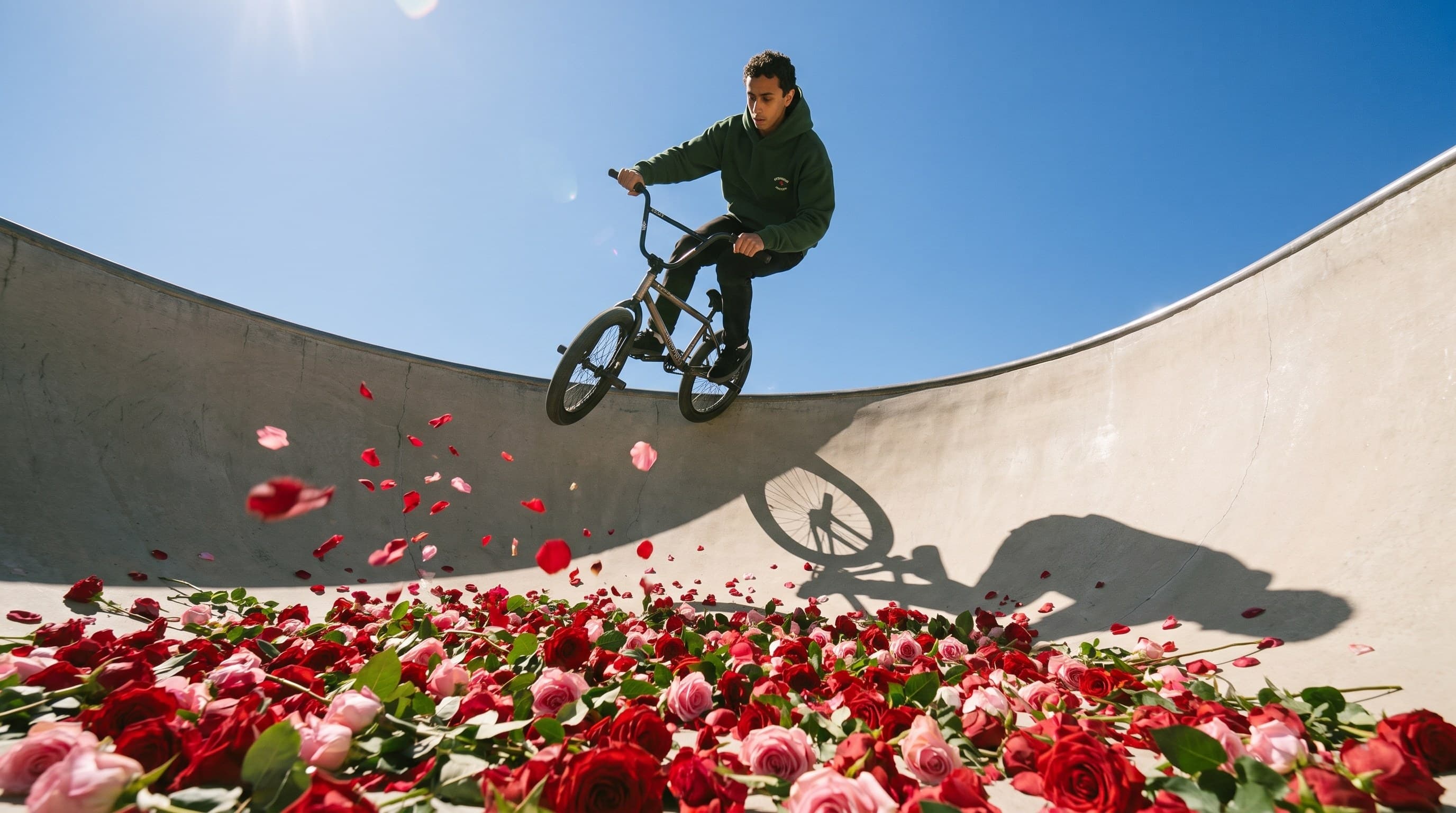 BMX rider mid-air above a concrete bowl filled with roses
