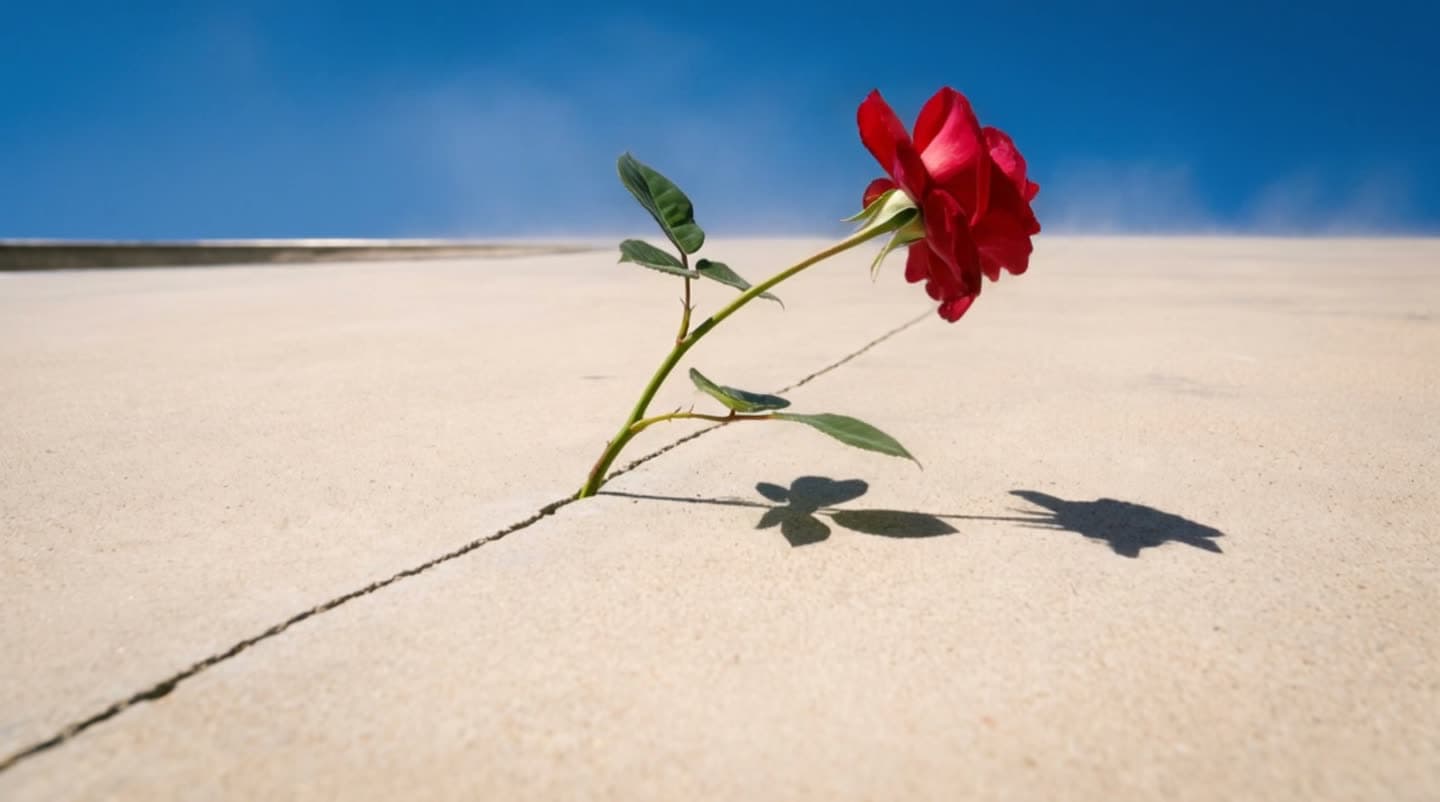 A rose grows out of a seam in the concrete as you scroll