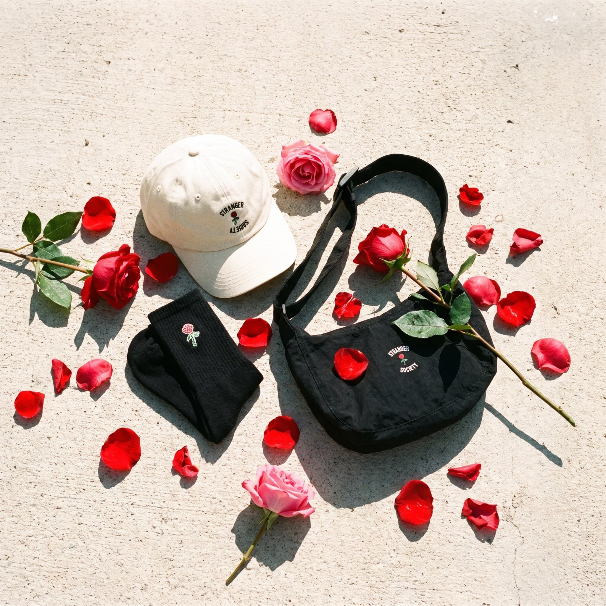 Cap, socks and crossbody on concrete