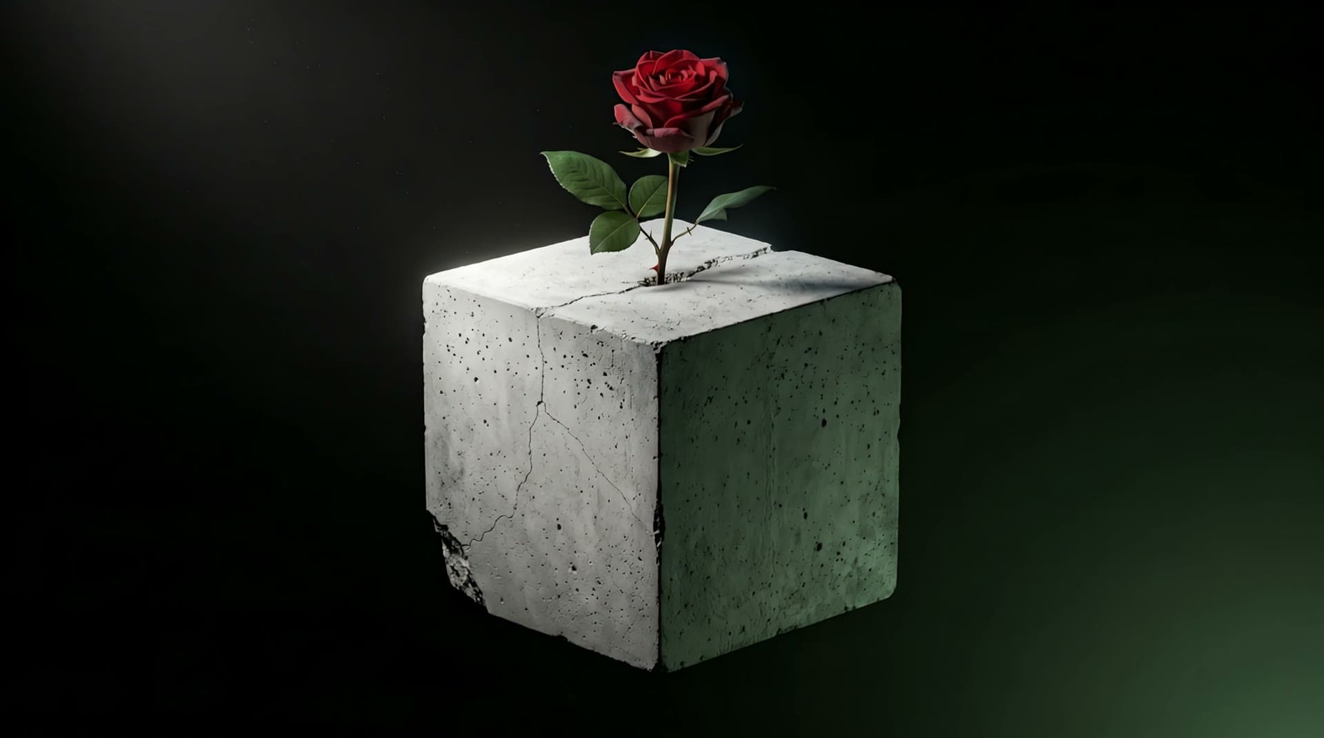 A rose grown through a floating concrete cube, turning as you scroll