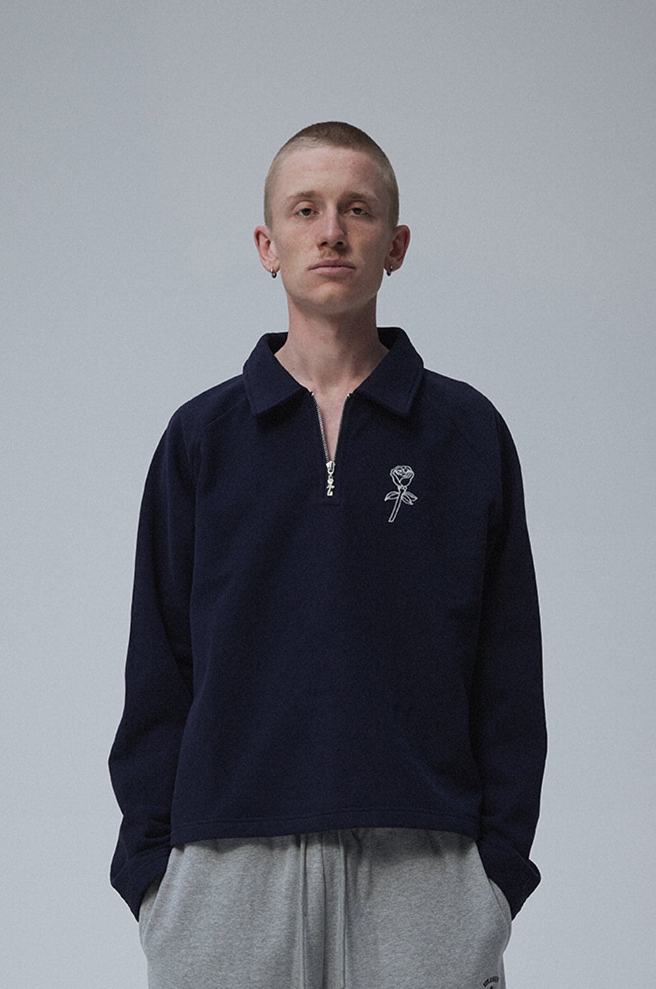 Polo zip sweater Big rose logo Navy